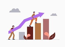 Business development, teamwork help revenue growth, growth and achievement. Concept of increasing sales or profits in a business, financial report chart with an exponential arrow carried by people vector