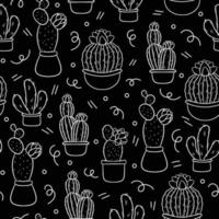 Seamless pattern with cute hand-drawn cacti black background. vector