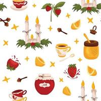 Seamless pattern with candles, lemon, strawberry and honey white background. vector