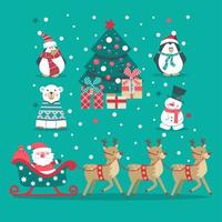 Christmas set with tree penguin polar bear snowman reindeer and Santa vector