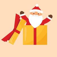 Cut cartoon Santa Claus looks out of the yellow gift box. vector