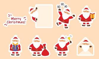Set of many Santa Claus and merry Christmas lettering in cartoon style. Happy Santa Claus with presents, bell and paper, ho, ho, ho, red bag and envelop. Vector illustration.