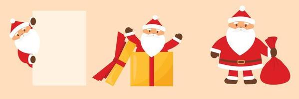 Set of three happy Santa Claus isolated. Santa Claus with paper, yellow box and red bag. Vector illustration.