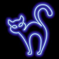 Neon blue outline of a cat on a black background. Witch cat, halloween vector