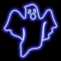 Neon blue outline flying ghost on black background. Halloween symbol. vector