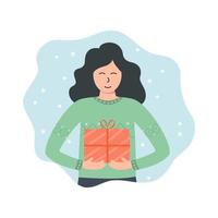 Cute girl in a sweater with a holiday gift. New Year's and Christmas vector