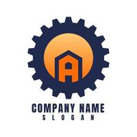 logotipo de la empresa azul engranaje símbolo letra a naranja vector