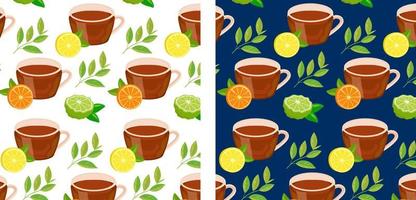 pattern with cups of tea and lemon and leaves vector