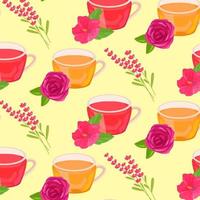 pattern with cups of tea and rose and hibiscus vector