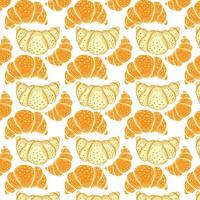 Pattern with tasty fresh crunchy croissants in simple cartoon style. Background for design menu cafe, bistro, restaurant, label and packaging. Vector repeat food background.