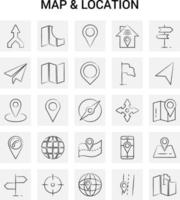 25 Hand Drawn Map and Location icon set Gray Background Vector Doodle