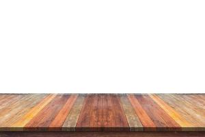 Empty wooden table top isolated on white background for product display photo