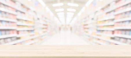 Wood table top with supermarket grocery store blurred background with bokeh light for product display photo