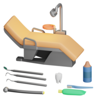 O conjunto de dentista renderizado em 3D inclui dente, creme dental, escova de dentes, unidade odontológica, broca odontológica, etc, perfeito para projeto de design png