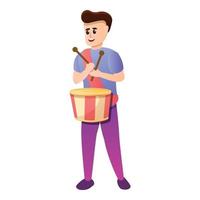 Boy playing drums icon, cartoon style vector