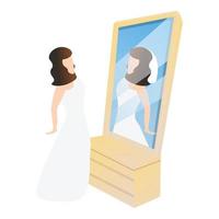 Bride in mirror icon, cartoon style vector