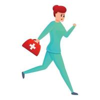 Nurse running with first aid kit icon, cartoon style vector