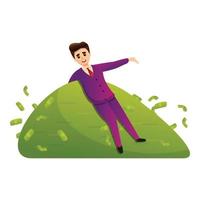 Millionaire on pile cash icon, cartoon style vector