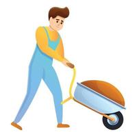 Agronomist boy with full wheelbarrow icon, cartoon style vector