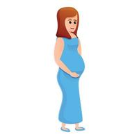 Pregnant girl holds belly icon, cartoon style vector