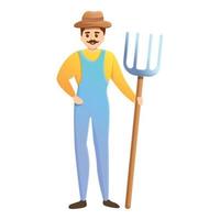 Happy farmer with fork icon, cartoon style vector