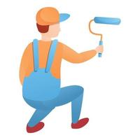 Painter guy working squatting icon, cartoon style vector