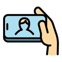 Hand selfie icon, outline style vector