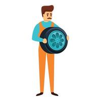 Auto mechanic take car wheel icon, cartoon style vector