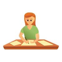 Girl writing exam test icon, cartoon style vector