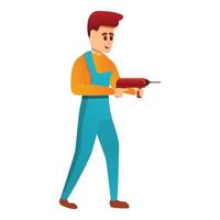 Engineer with drill icon, cartoon style vector