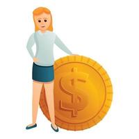 Woman near dollar coin icon, cartoon style vector
