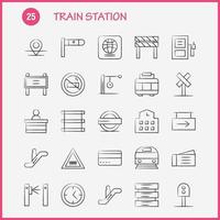 Los iconos dibujados a mano de la estación de tren se establecen para infografías. El kit de uxui móvil y el diseño de impresión incluyen la entrada de la estación de tren. vector