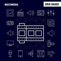 icono de línea multimedia para impresión web y kit uxui móvil, como hardware de teléfono móvil, cámara, imagen de vídeo, paquete de pictogramas de película, vector