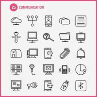 los iconos de la línea de comunicación establecidos para el kit de uxui móvil infográfico y el diseño de impresión incluyen señales, datos, refuerzo de satélite, tv, televisión, radio, colección de medios, logotipo infográfico moderno y pictograma. vector