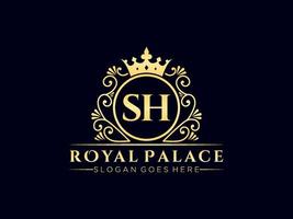 Letter SH Antique royal luxury victorian logo with ornamental frame. vector