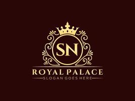 Letter SN Antique royal luxury victorian logo with ornamental frame. vector