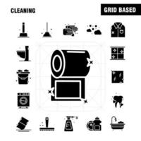 Cleaning Solid Glyph Icons Set For Infographics Mobile UXUI Kit And Print Design Include Brush Brushing Clean Scrub Plunger Restroom Toilet Tool Icon Set Vector