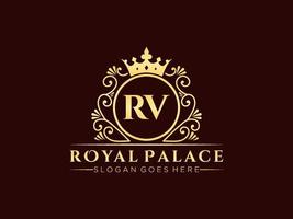 Letter RV Antique royal luxury victorian logo with ornamental frame. vector
