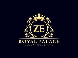Letter ZE Antique royal luxury victorian logo with ornamental frame. vector