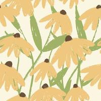 Orange flowers with green leaves brush textured on light yellow background. Floral seamless pattern for fabric cover background. vector graphic