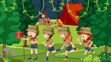 Scout kids hiking in the forest vector