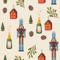 Christmas seamless pattern with nutcracker, bottle of champagne, houses, branches and pine cones. New year holiday greeting card. Vintage festive seamless vector background.