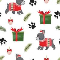 Vector seamless pattern with French bulldog, pine branches gift boxes, paw prints and Christmas decorative tree ball. For textile, paper, print, packaging and any surface designs.