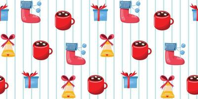 Seamless pattern with Christmas socks, bells, gift boxes, cups with hot chocolate on striped background. For textile, wrapping paper, wallpaper, packaging and any Christmas design projects. vector