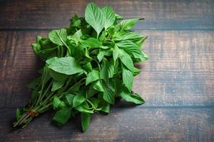 hoja de albahaca sobre fondo de madera - hojas de albahaca verde fresca para cocinar verduras y hierbas en tailandés foto