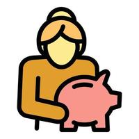 Senior woman with piggybank icon, outline style vector