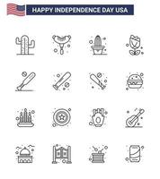 Set of 16 Vector Lines on 4th July USA Independence Day such as bat ball flower plent imerican Editable USA Day Vector Design Elements