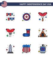 Happy Independence Day USA Pack of 9 Creative Flat Filled Lines of tent camp food gift christmas Editable USA Day Vector Design Elements