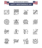 feliz día de la independencia paquete de iconos de 16 líneas para web e impresión movis sports day rugby independencia elementos de diseño vectorial del día de estados unidos editables vector