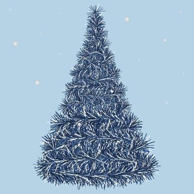 Christmas tree. White snowflakes swirl over the blue spruce. A tree made of fluffy tinsel.